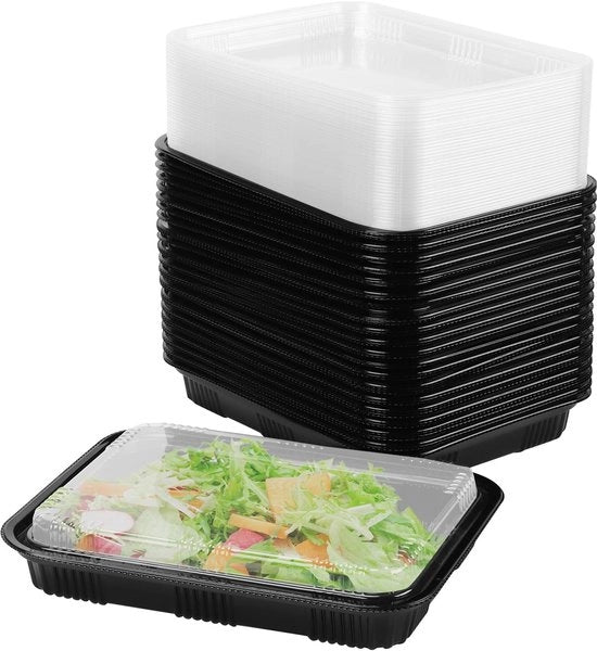 Scatole per panini 40 pezzi - Buffet riciclabili - Tavoli da catering - Tavoli in plastica nera - 26,4 x 20 x 4,5 cm - Scatole per cibo con coperchio