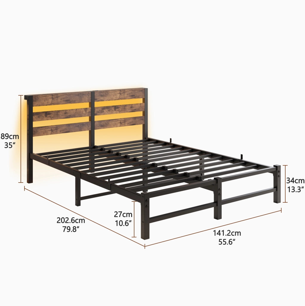 Letto per adulti 140 × 190 cm con LED RGB, 2 porte USB, senza materasso, in metallo e legno, nero marrone