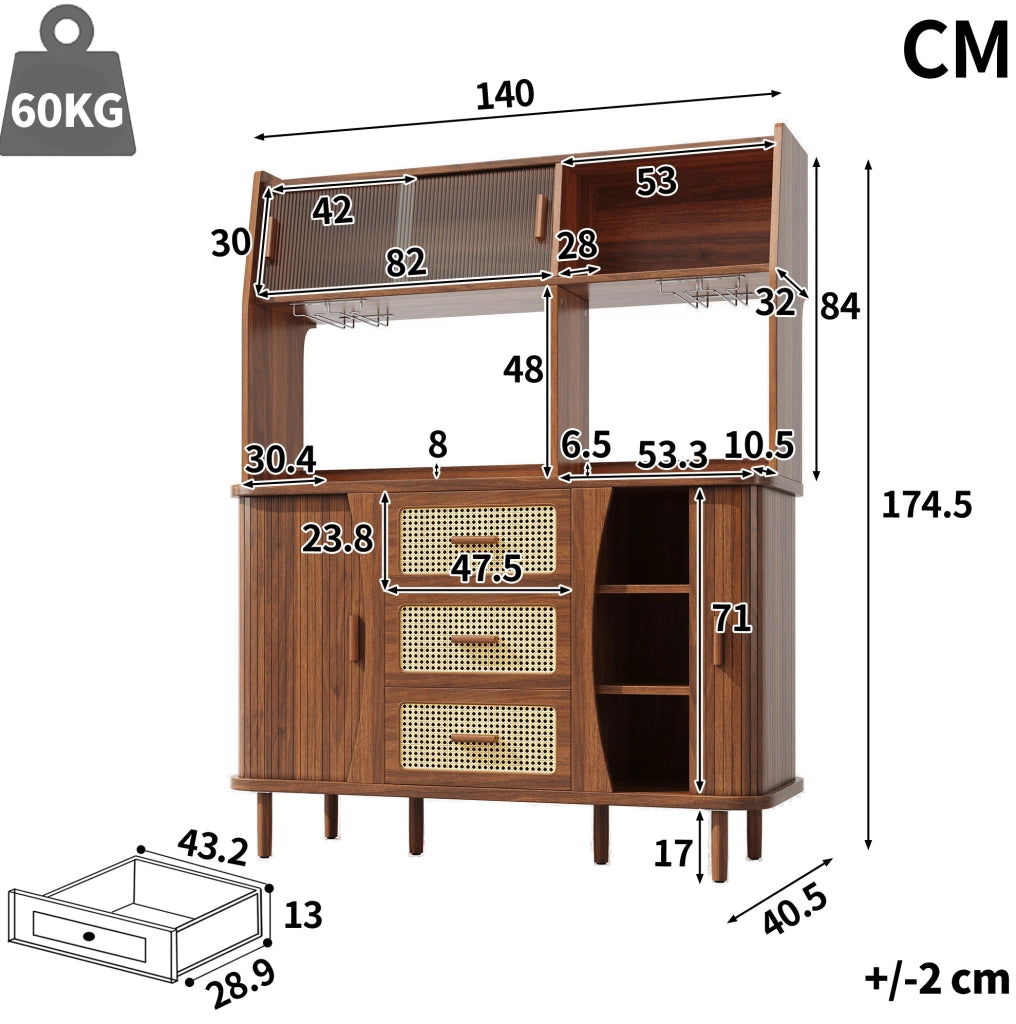 Credenza 140x40.5x174.5 cm con ante scorrevoli in vetro; 3 cassetti; MDF e metallo noce