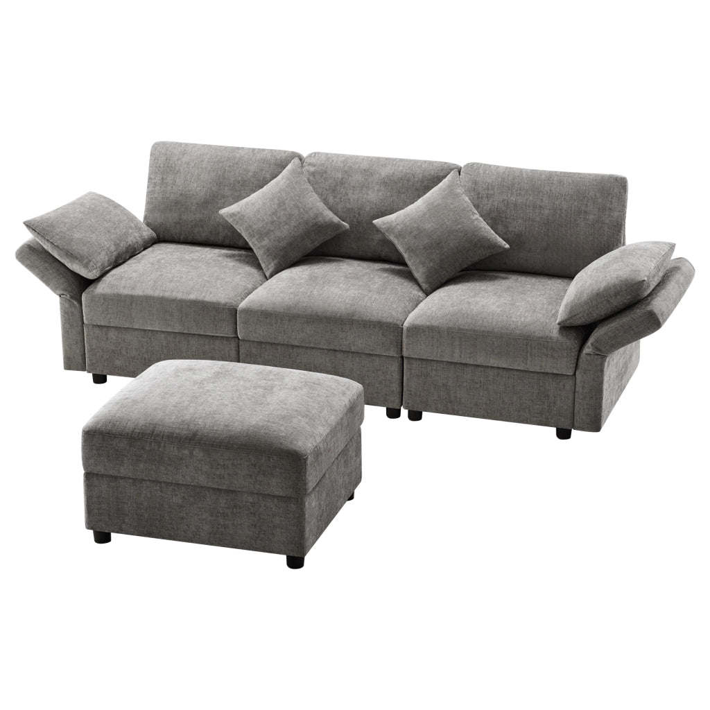 Divano Angolare 3 Posti con Poggiapiedi ¨C Xylo ¨C Grigio, Tessuto Chenille, Cuscini, Braccioli Regolabili