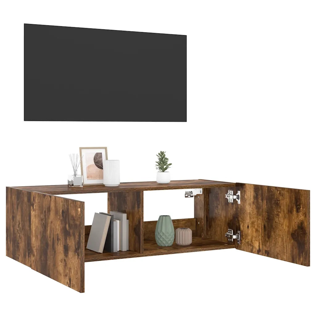 Mobile TV a Parete con Luci LED-Mobile TV a Muro Rovere Fumo 100x35x31 cm