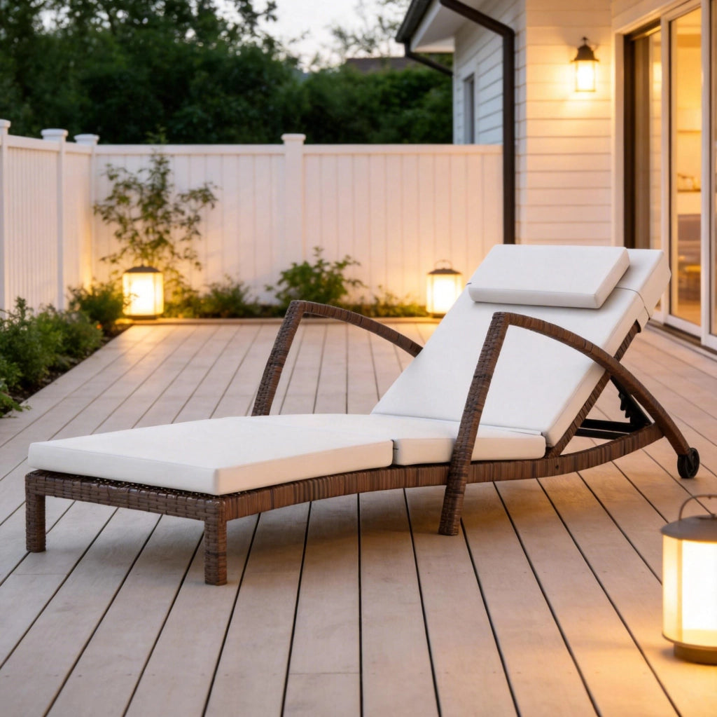 Chaise longue da giardino con ruote e schienale reclinabile a 5 posizioni; beige e marrone