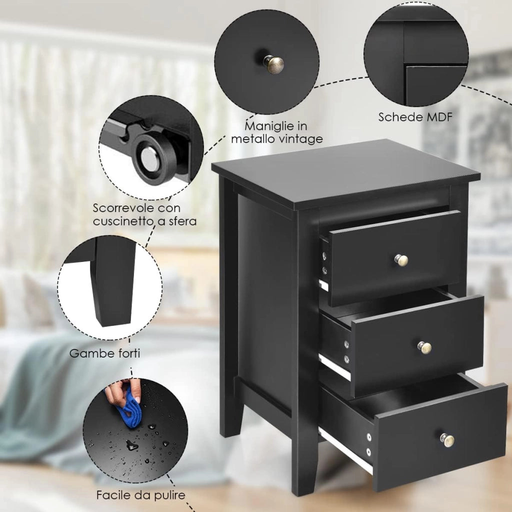 Comodino con 3 Cassetti, Cassettiera da Letto, Tavolino Spazioso con Struttura Resistente, per Salone e Camera da Letto, 46 x 37 x 65 cm (Nero) (2, nero)