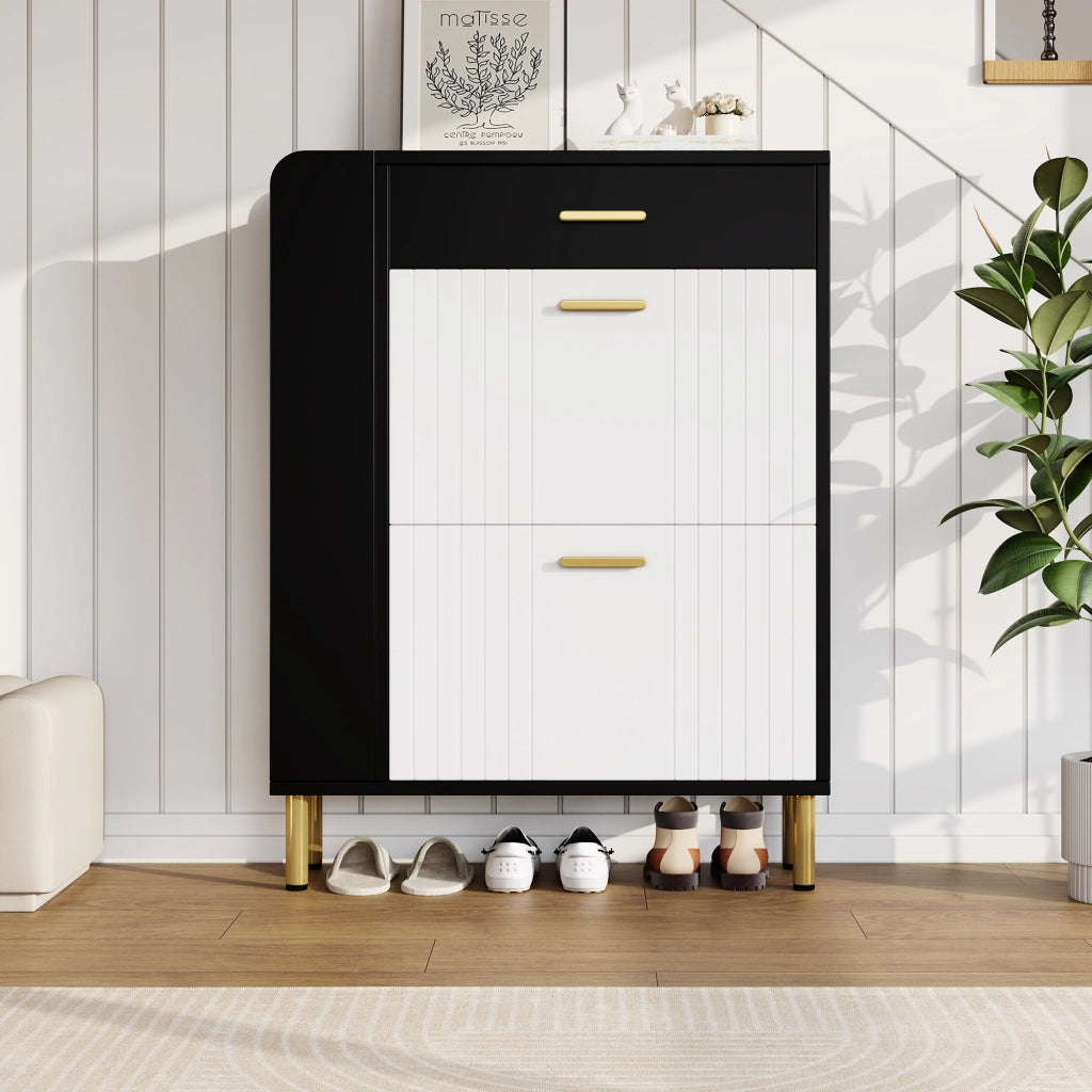 Scarpiera stretta con 2 ante ribaltabili 1 cassetto e 3 vani aperti in MDF e truciolare bianco nero 80 × 24 × 105 cm