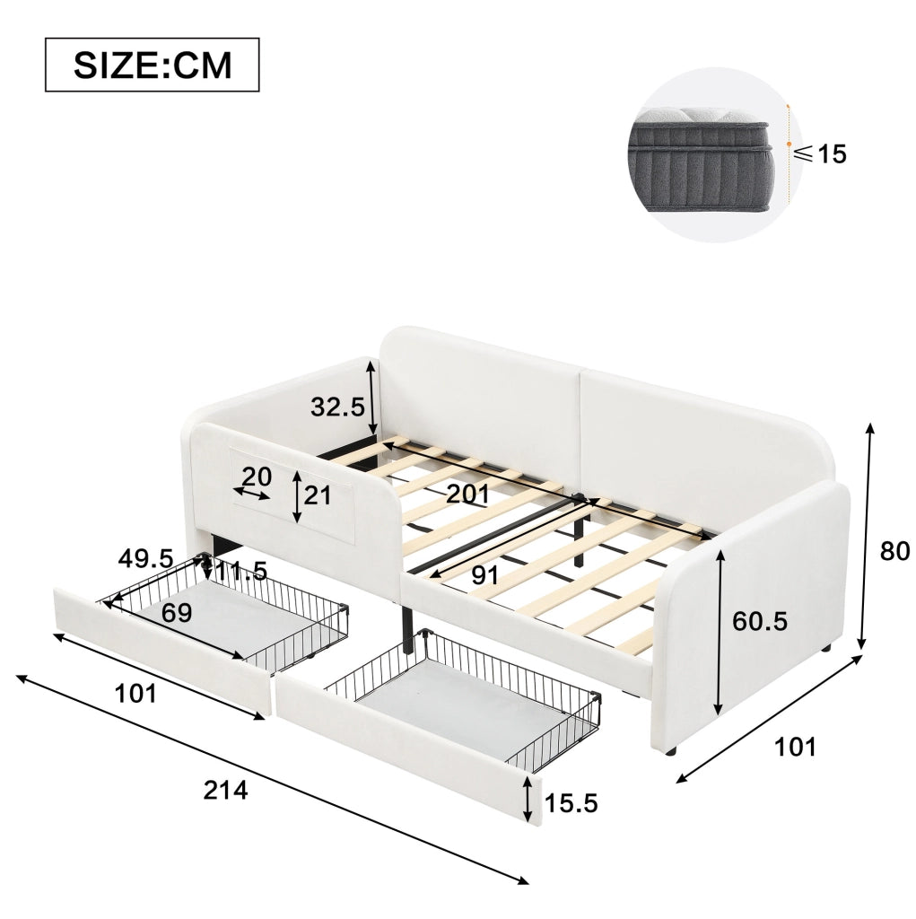 Letto imbottito 90x200 cm con contenitore e tasche in velluto bianco