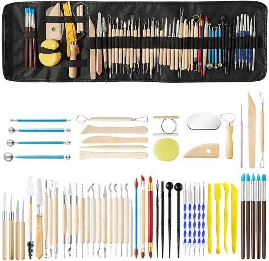 Strumenti per la ceramica, 61 pezzi, strumenti per la modellazione, strumenti per la scultura in ceramica, strumenti per la lavorazione della creta in legno con tasca di stoccaggio per strumenti per la lavorazione della creta