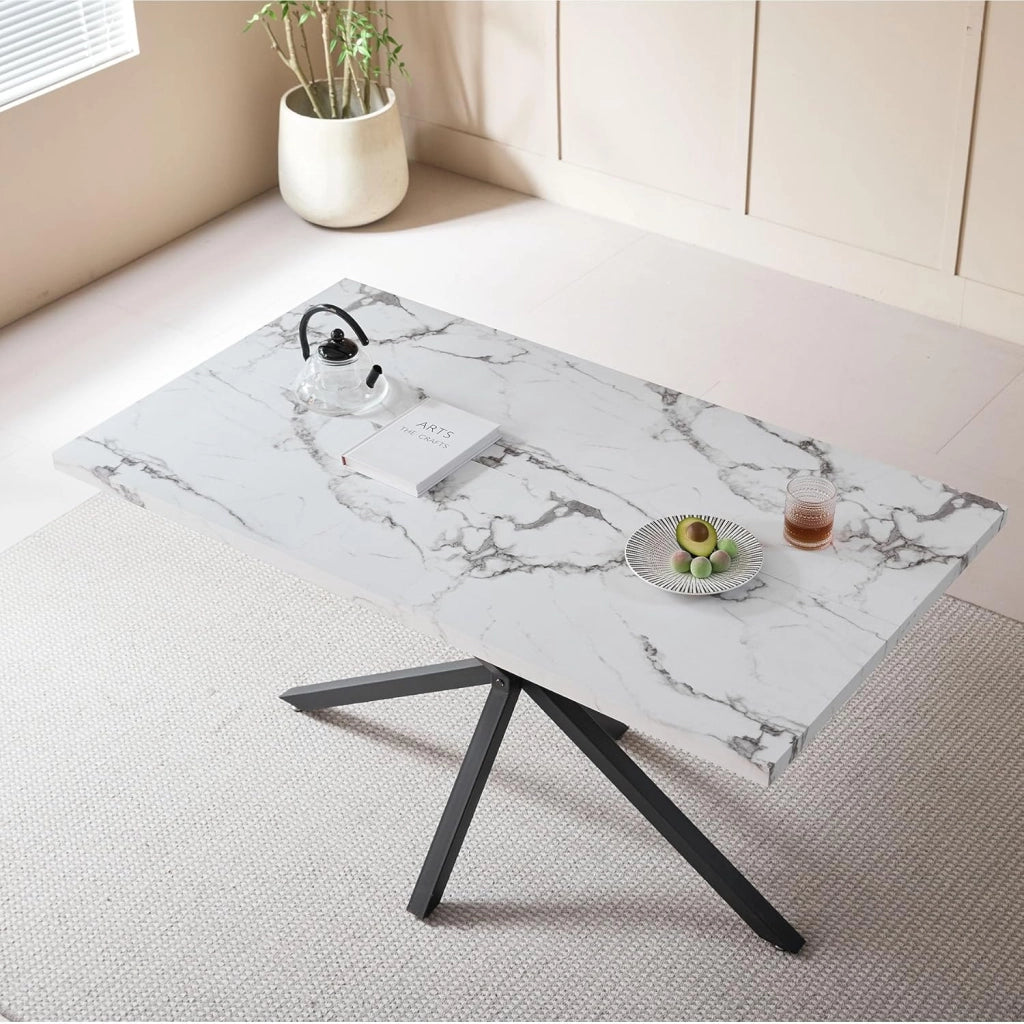 GrandCA HOME Tavolo da Pranzo Moderno da 140 cm con Piano Effetto Marmo, Tavolo da Cucina con Quattro Gambe in Metallo, per Sala da Pranzo in Soggiorno, WH+BK