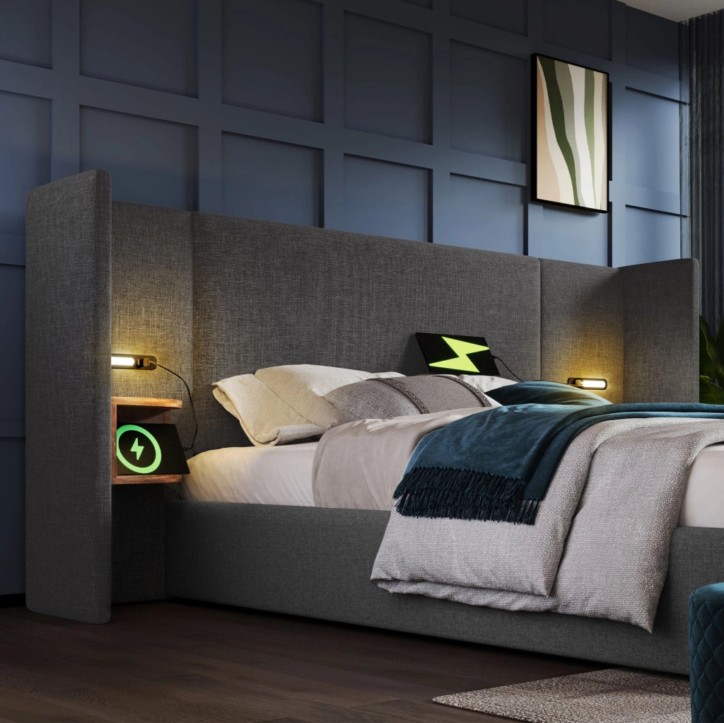 Letto matrimoniale 180x200 cm con contenitore; testiera con luce lettura USB e Type-C; grigio
