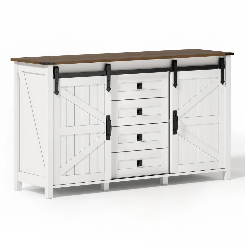 Credenza 137x40x81.5 cm con ante scorrevoli e 4 cassetti; MDF bianco