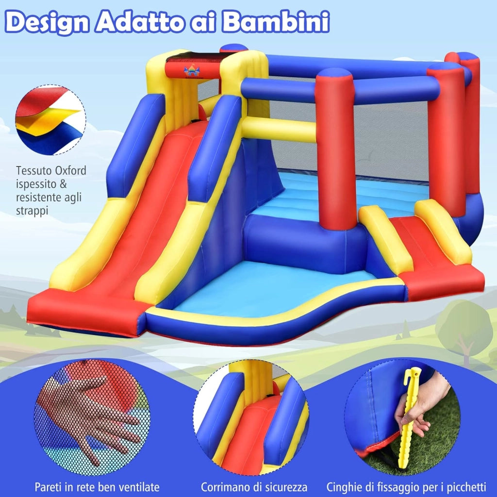 Castello Gonfiabile per Bambini, Casa Gonfiabile con Scivolo, Area per Saltare, Piscina, Parete per Arrampicarsi, con Borsa di Trasporto e Kit di Riparazione, per 4 Bambini di 3-10 Anni