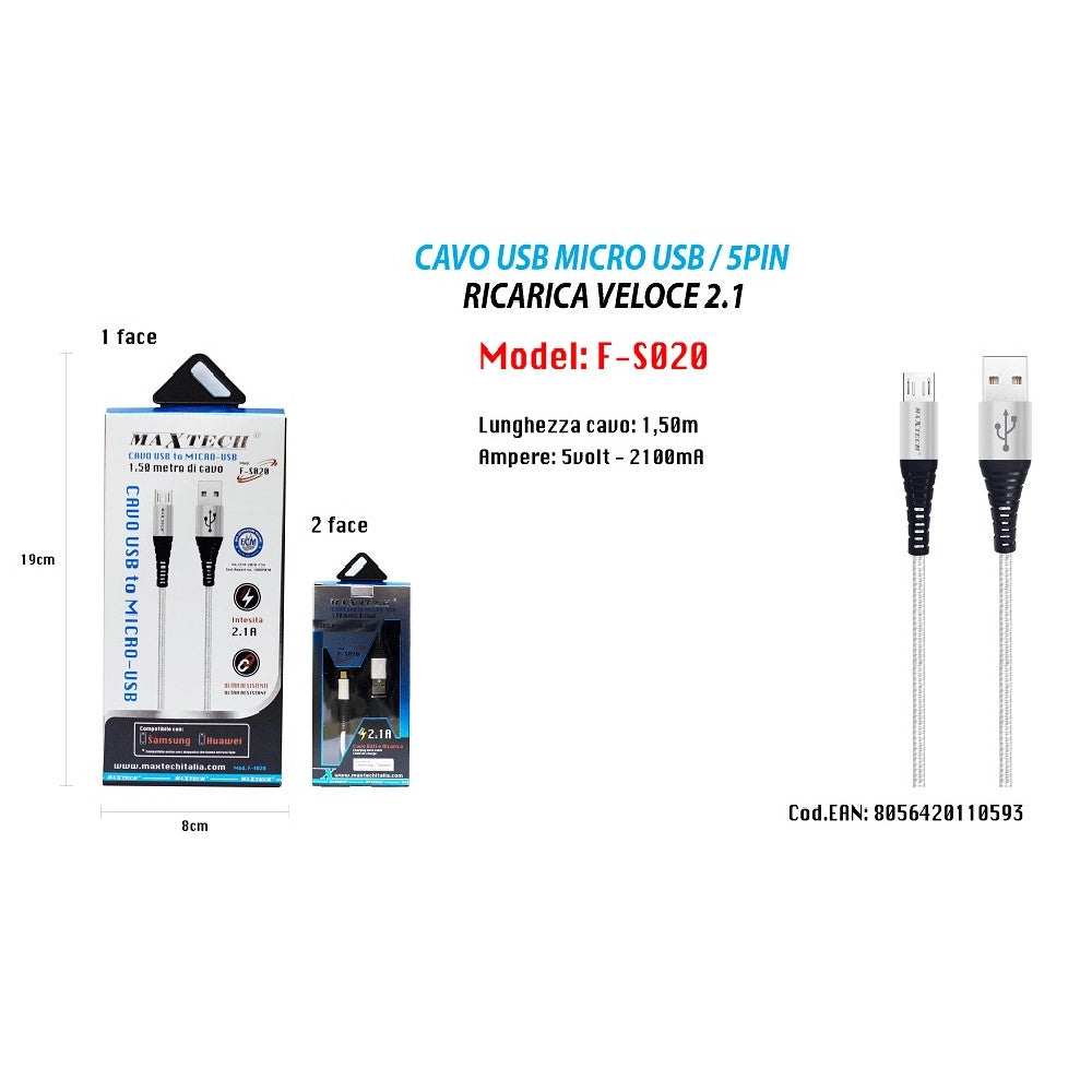 Trade Shop - Cavo Micro Usb 1.5mt Dati Caricabatteria Usb Per Samsung Huawei Maxtech F-s020 -