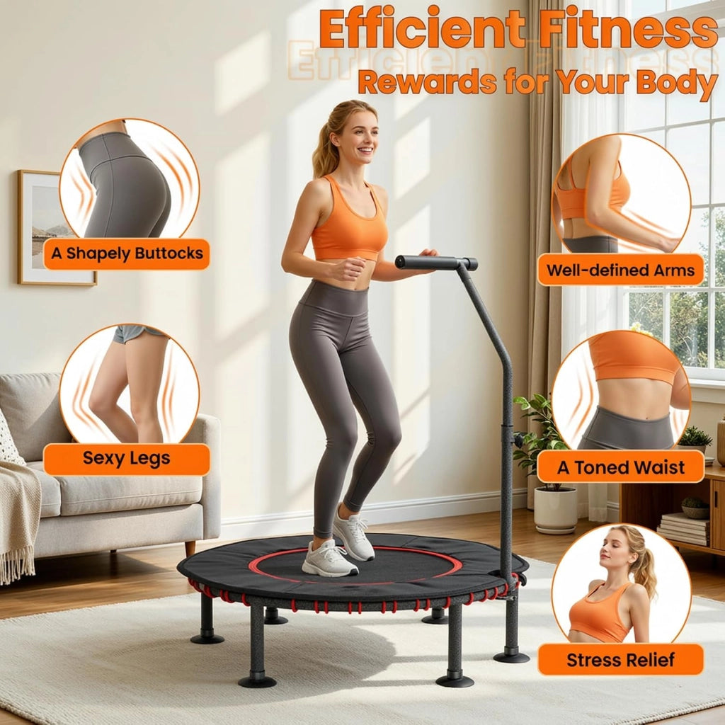 Trampolino Fitness da Interno | Copertura Protettiva Imbottita | Fino a 150 kg Capacità Carico | 3 Altezze Manubrio Regolabili | Senza Installazione | Bambini Adulti | Mini Ø102 cm | Casa