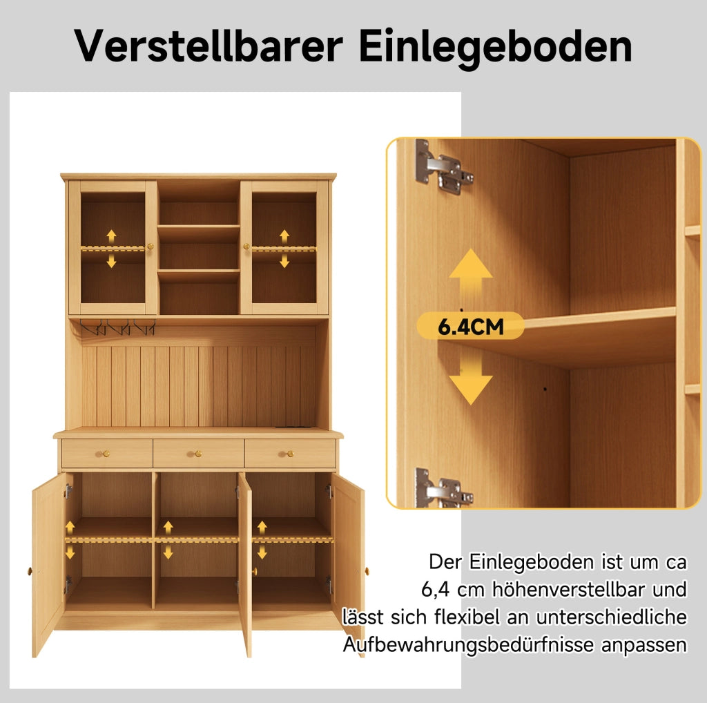 Credenza buffet alta 120x40x191 cm in legno naturale con ante in vetro; prese USB e schuko