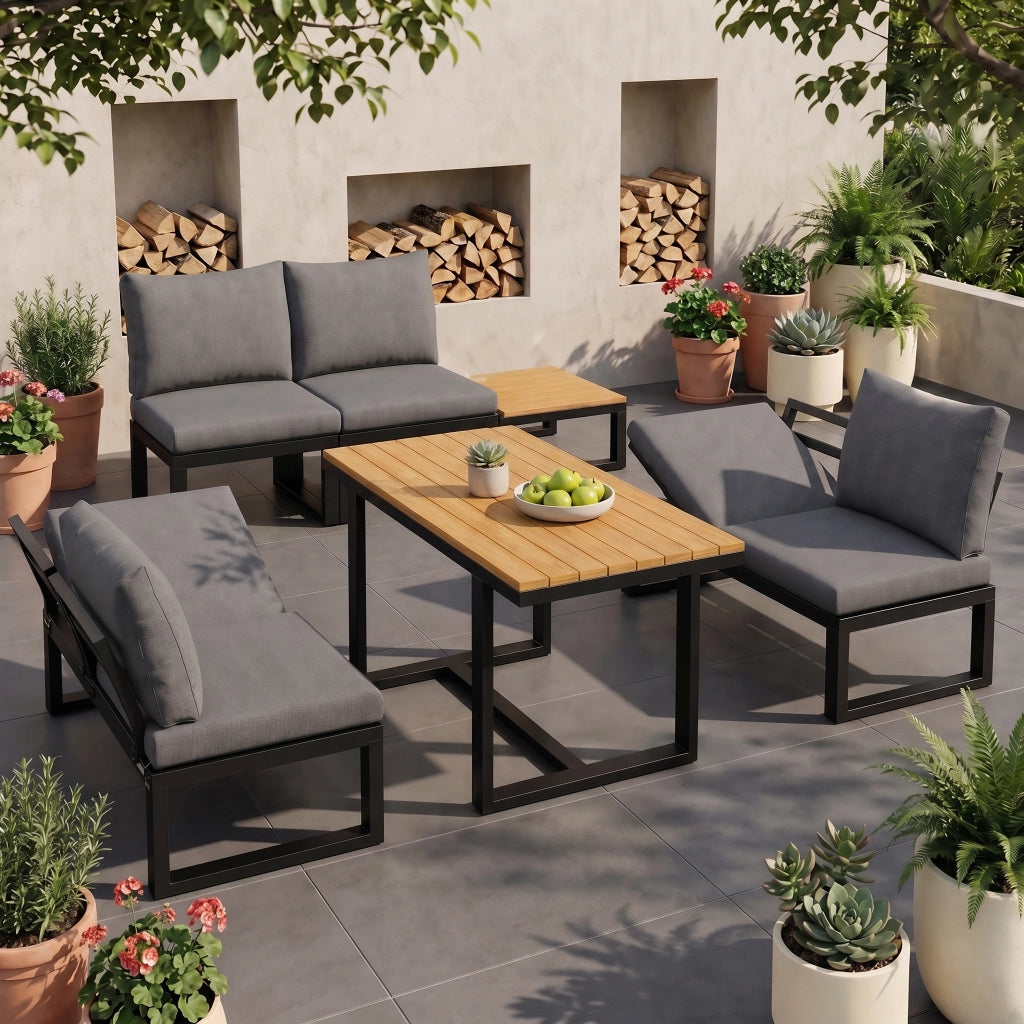 Set Giardino 6 Pezzi con Tavolo e Tavolino ¨C MINIMAL ¨C Polyrattan Grigio, Acciaio