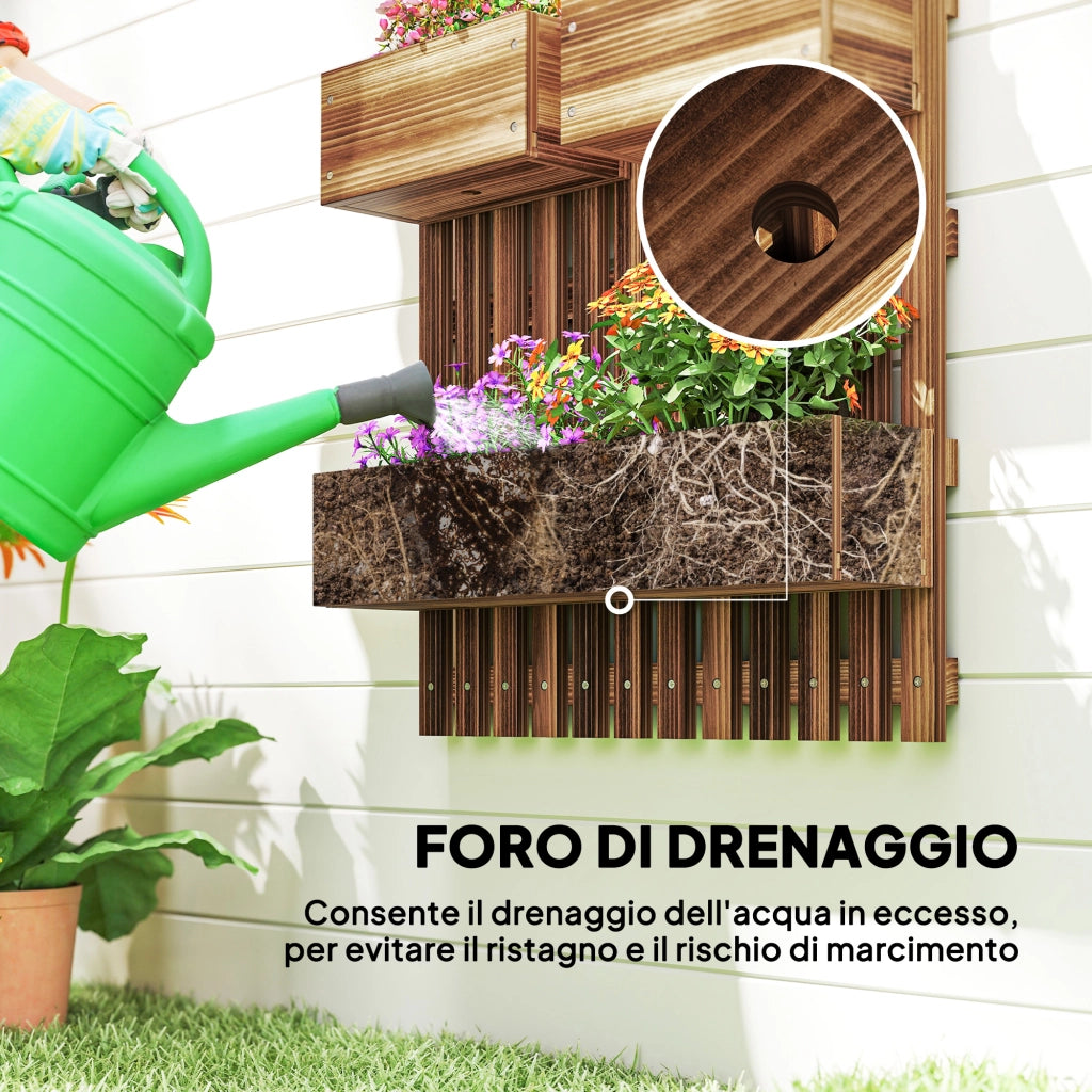 Fioriera Verticale a Doghe con 3 Vasi Rimovibili ¨C zephmum ¨C Legno di Abete, Marrone Bruciato, 60x16x80 cm