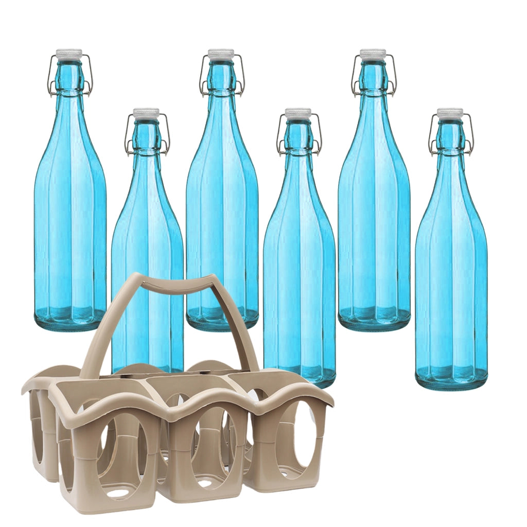 SET PORTA BOTTIGLIE IN PLASTICA + 6 BOTTIGLIE IN VETRO DA 1 LT