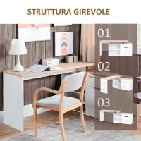 Scrivania Angolare con Libreria a 2 Ripiani, Armadietto e Cassetto, 140x117x76 cm, color Legno e Bianco