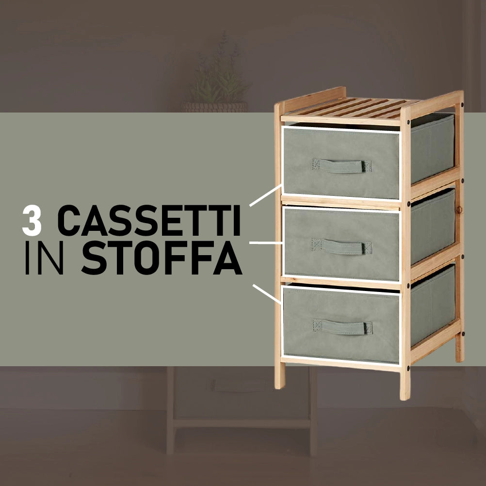 Mobile Cassettiera 3 Cassetti in Legno Naturale e Stoffa Colore Grigio H 66cm