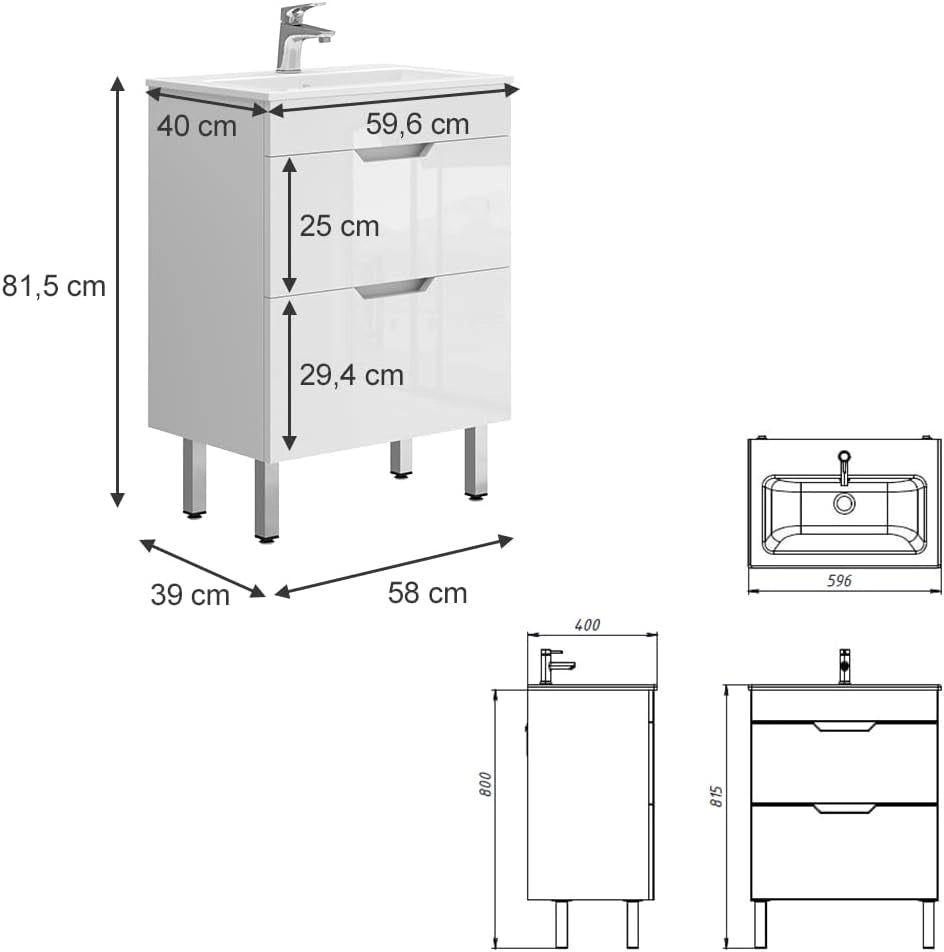 Set di mobili da bagno Clayton, Bianco, 60 cm, composto da mobile sottolavabo e lavabo