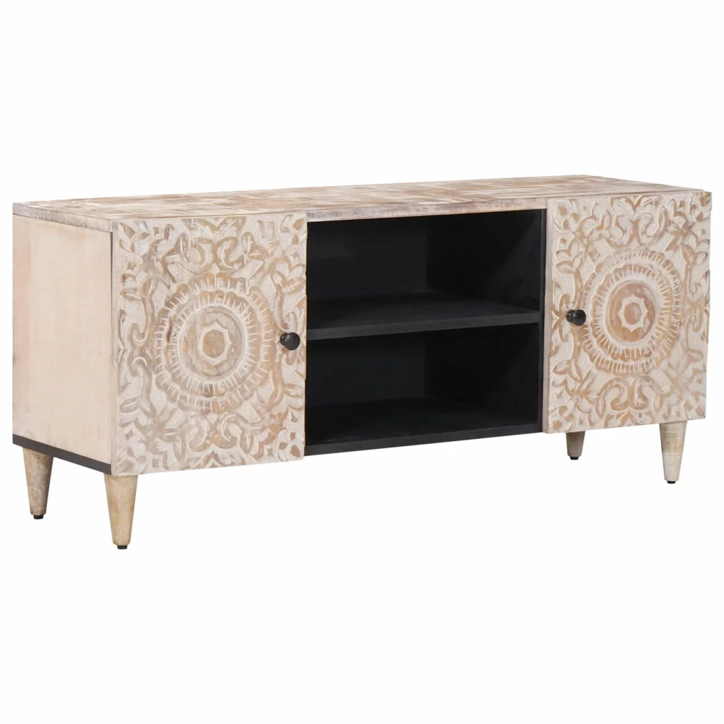 Mobile TV Bianco 105 x 33,5 x 46 cm Legno di mango massello