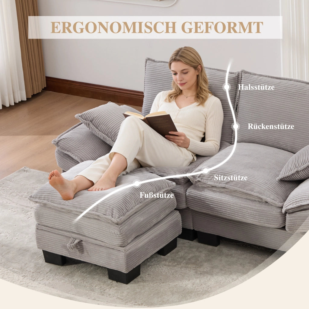 Divano 2 posti in tessuto corduroy con pouf, seduta ergonomica, USB-C e tasche laterali, grigio chiaro