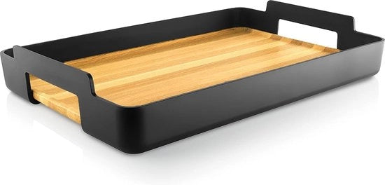 Piatto di servizio rettangolare, colore nero, legno di quercia verniciato, superficie lucida, maniglia in plastica nera