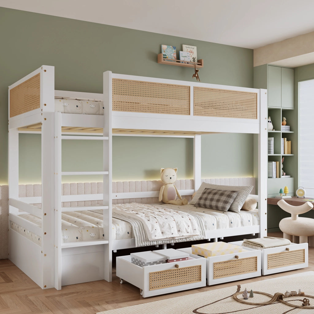 OKWISH Letto a Castello 90×200 cm, Letto Singolo con 3 Cassetti, Scala e Sponde di Sicurezza, senza Materasso, in Legno, Bianco e Naturale