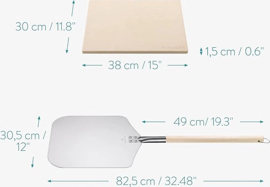 Pietra per pizza XL per forno e barbecue - Tavola per pizza rettangolare 38 x 30 cm - Inclusa spatola per pizza con manico extra lungo e libro di ricette pietra per pizza