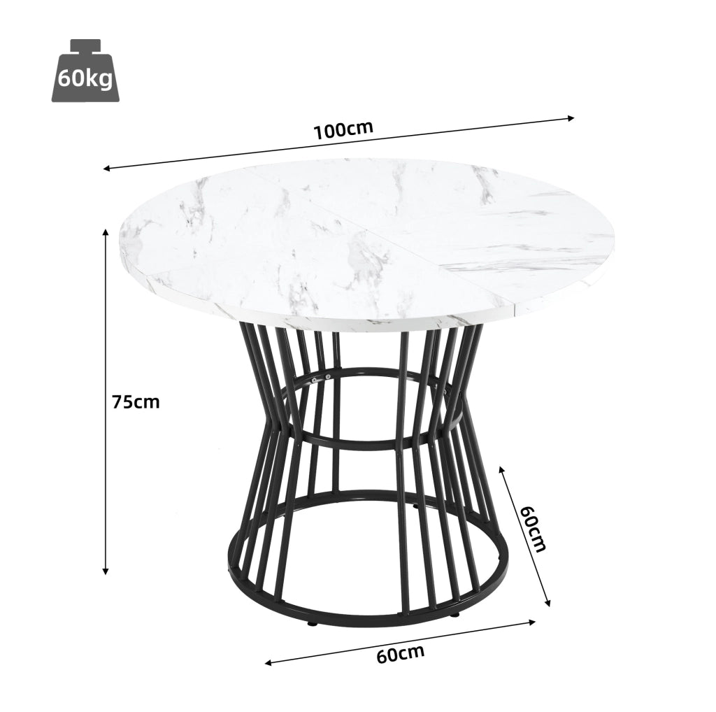 Tavolo da pranzo rotondo 100x75 cm con effetto marmo in MDF e metallo nero
