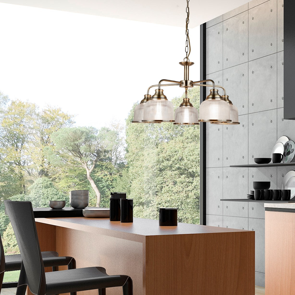 Lampadario Contemporaneo Bistrot Ii Acciaio Ottone Vetro Trasparente 5 Luci E27