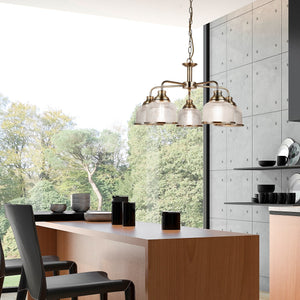 Lampadario Contemporaneo Bistrot Ii Acciaio Ottone Vetro Trasparente 5 Luci E27