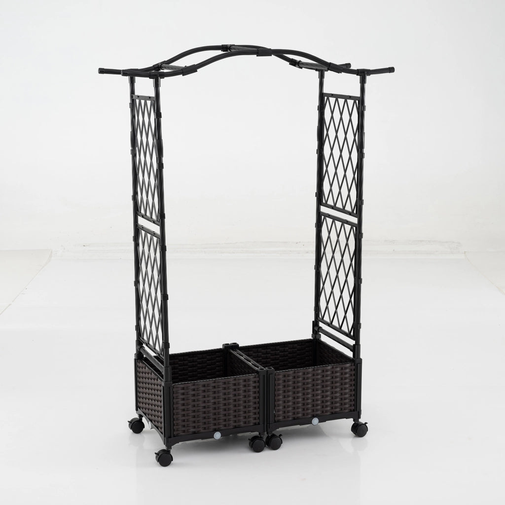 Cassette per piante con irrigazione automatica graticcio e tetto-letto da giardino rialzato su ruote bloccatili rattan impermeabile Marrone