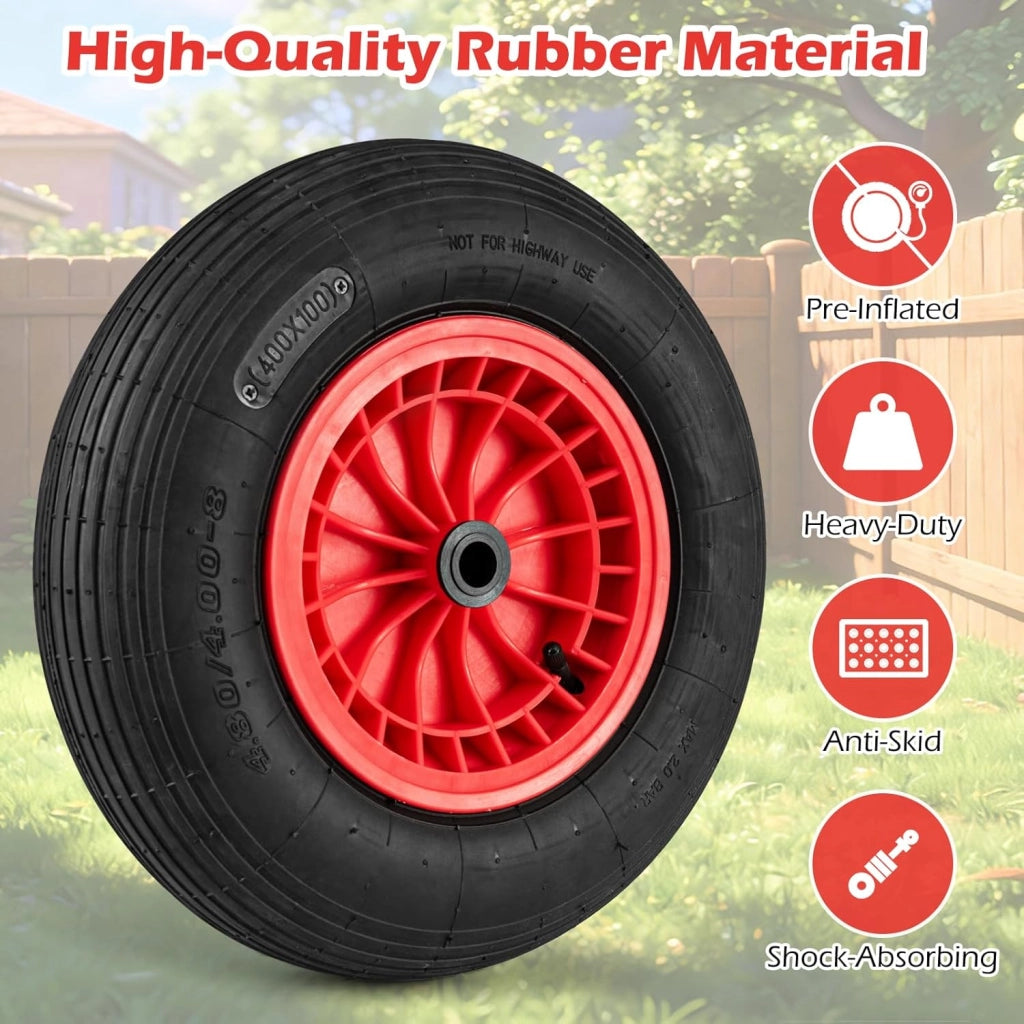 Ruota Pneumatica per Carrello Carriola, Dimensioni 4.80/4.00-8, 250KG Max, Diametro 40 CM, Asse Ø20 MM, Larghezza 10 CM, Cuscinetto a Rullini Robusto - Nero+Rosso (2)