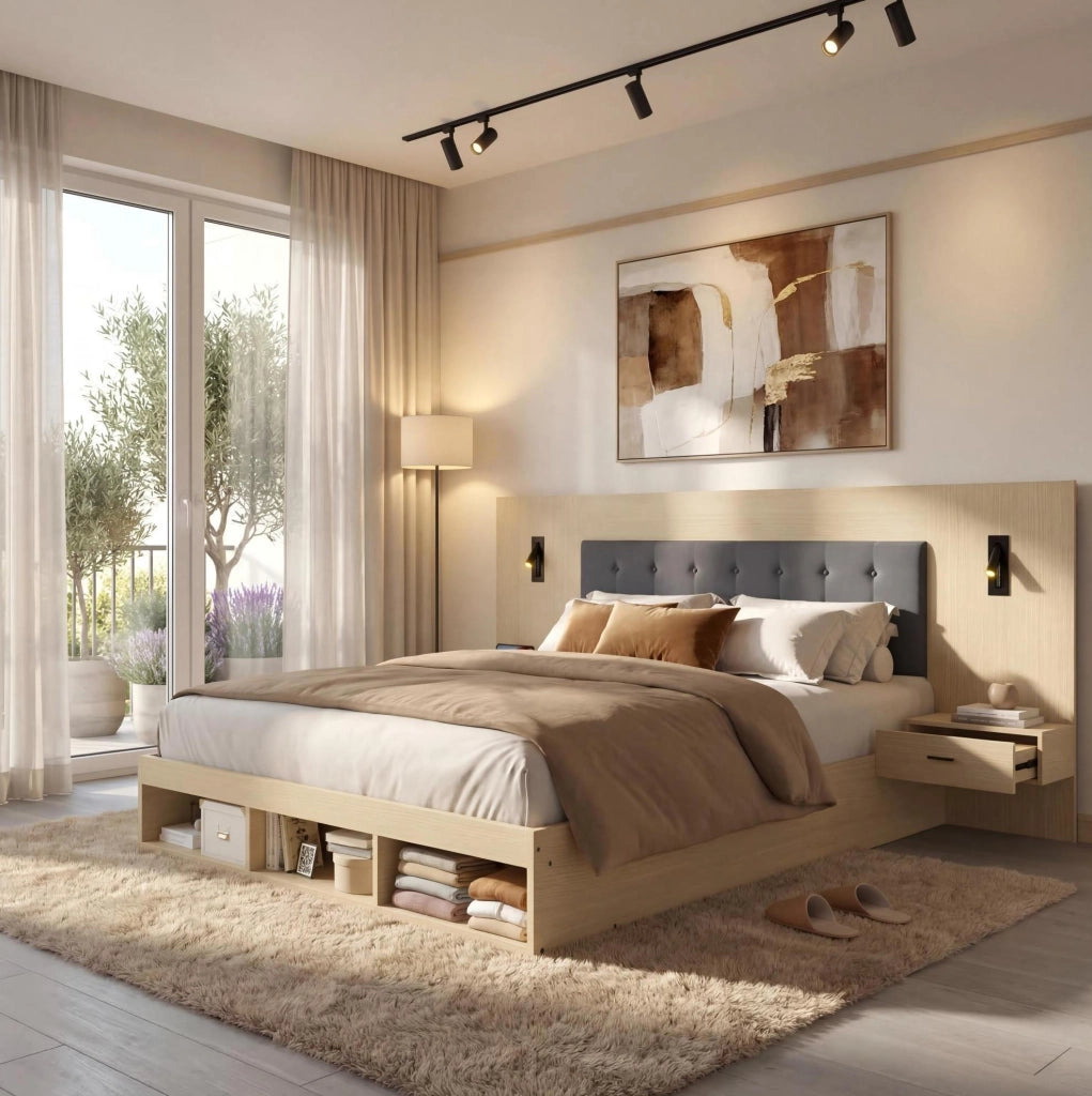 Letto matrimoniale 180x200 cm con contenitore; prese USB e Type-C; luci orientabili; rovere chiaro