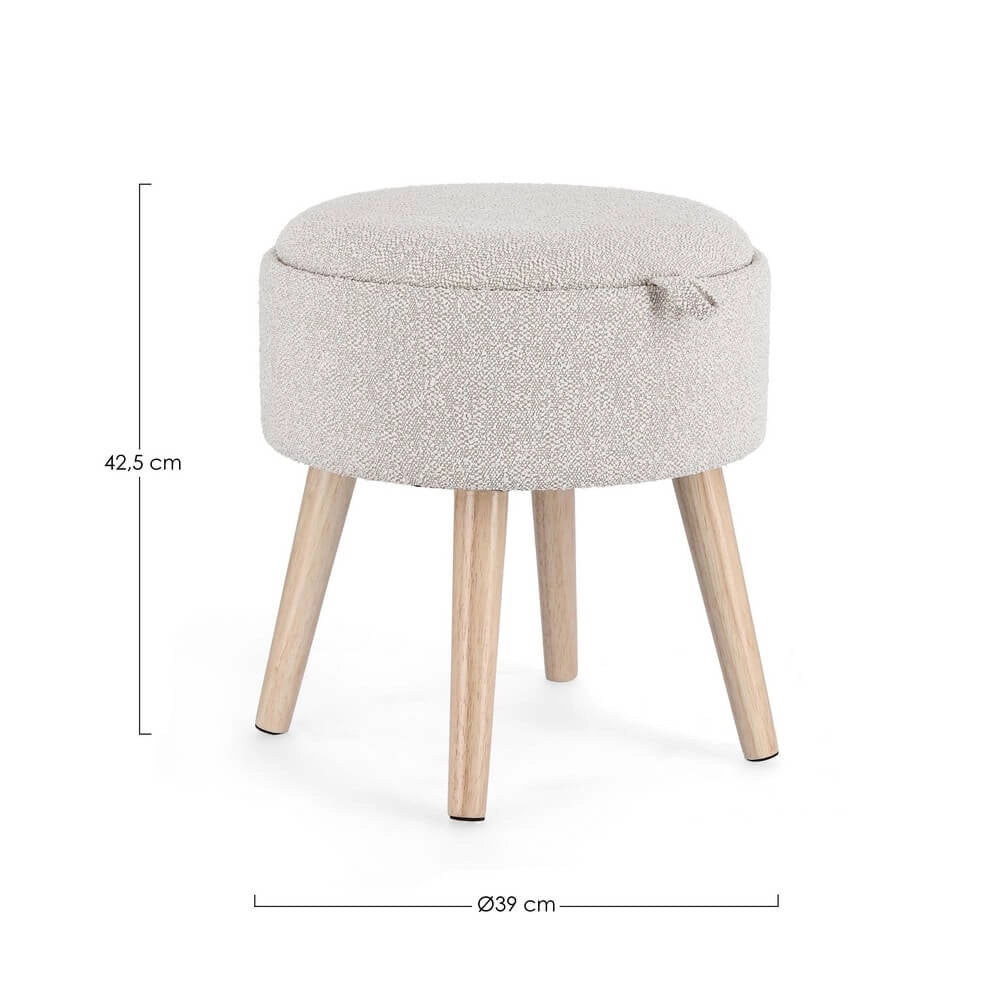 Sgabello contenitore rotondo bouclé bianco con vassoio in legno - BRIAR