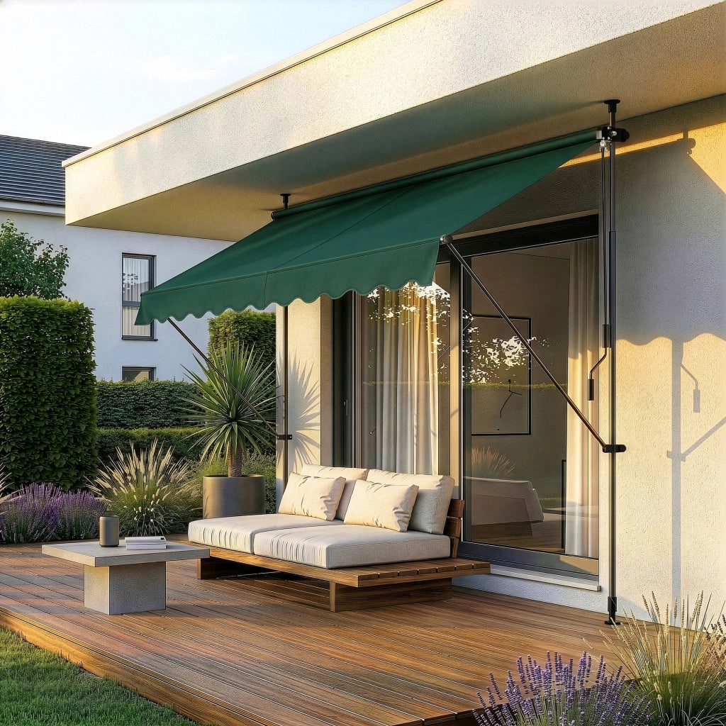 Tenda da Sole a Muro con Pali di Supporto Telescopici Parasole 300 x 120 cm (LxP) Verde Scuro pro.tec