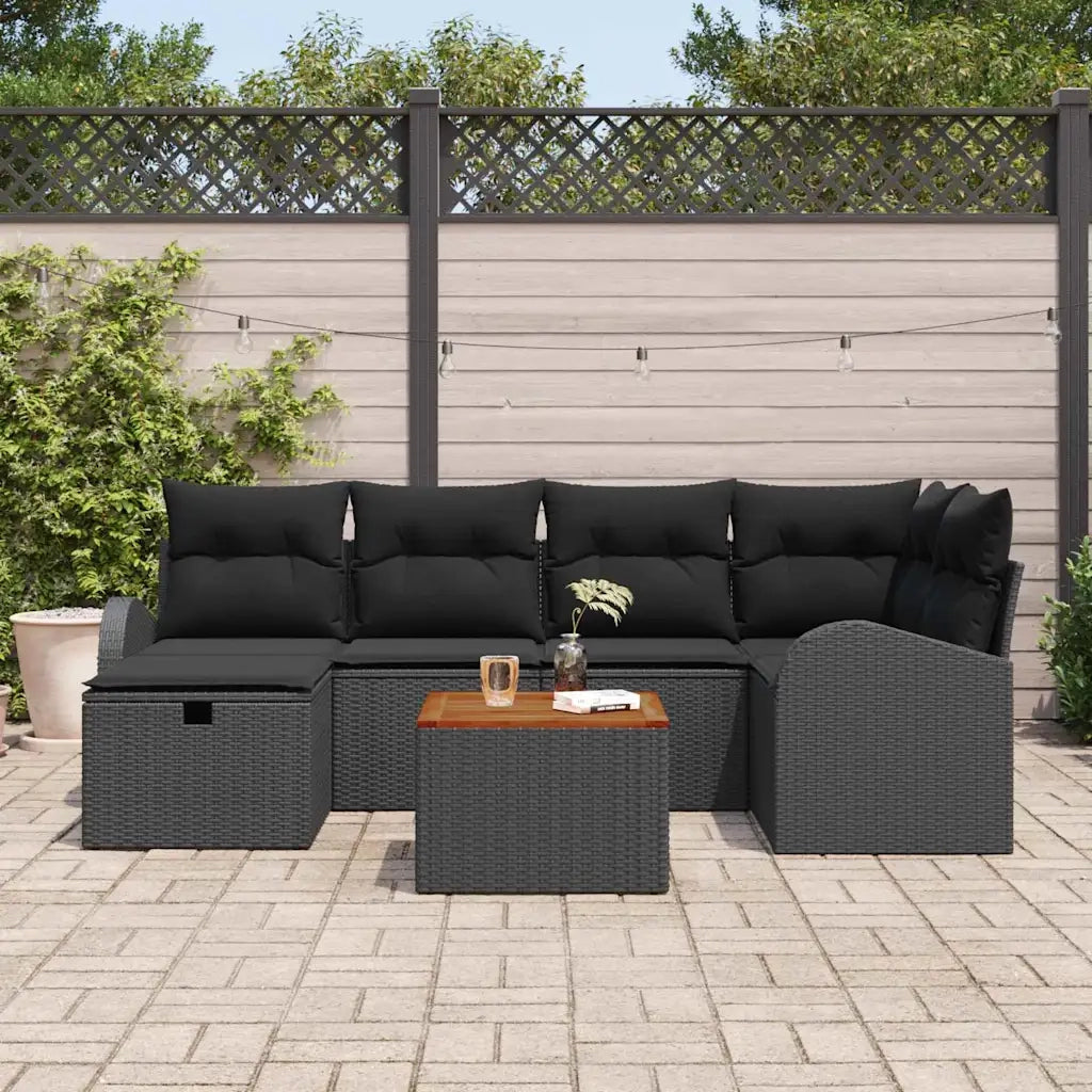 Set Divano da Giardino con cuscino 7 pcs Nero polyrattan