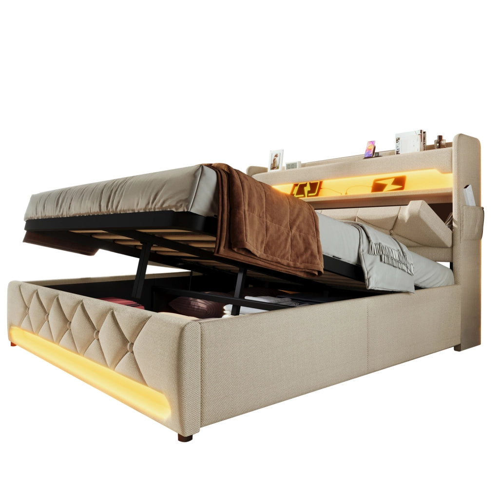 Letto matrimoniale 140x200 cm in lino beige con contenitore idraulico; LED 360掳 e testiera con porte USB e Type-C
