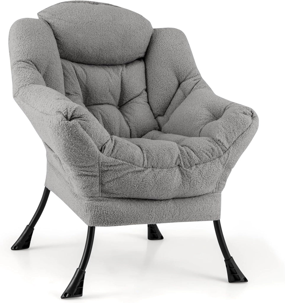 Poltrona da lettura moderna con struttura in metallo, 80 x 74 x 97 cm, sedia da divano imbottita in finta pelliccia, poltrona singola con braccioli e tasca laterale, per soggiorno, ufficio