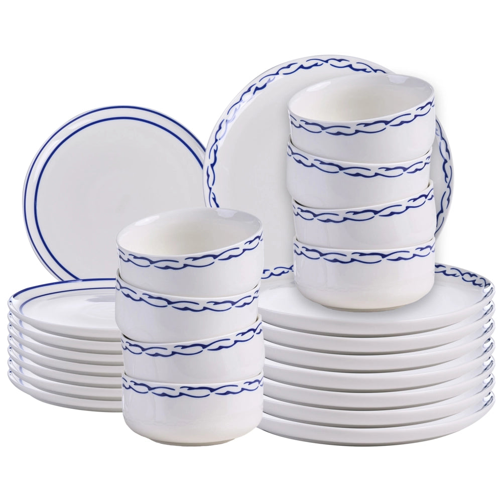 Servizio da tavola in porcellana bianco e blu 24 pezzi, finitura smaltata, bordo decorativo, per 8 persone, realizzato a mano, sala da pranzo, cucina