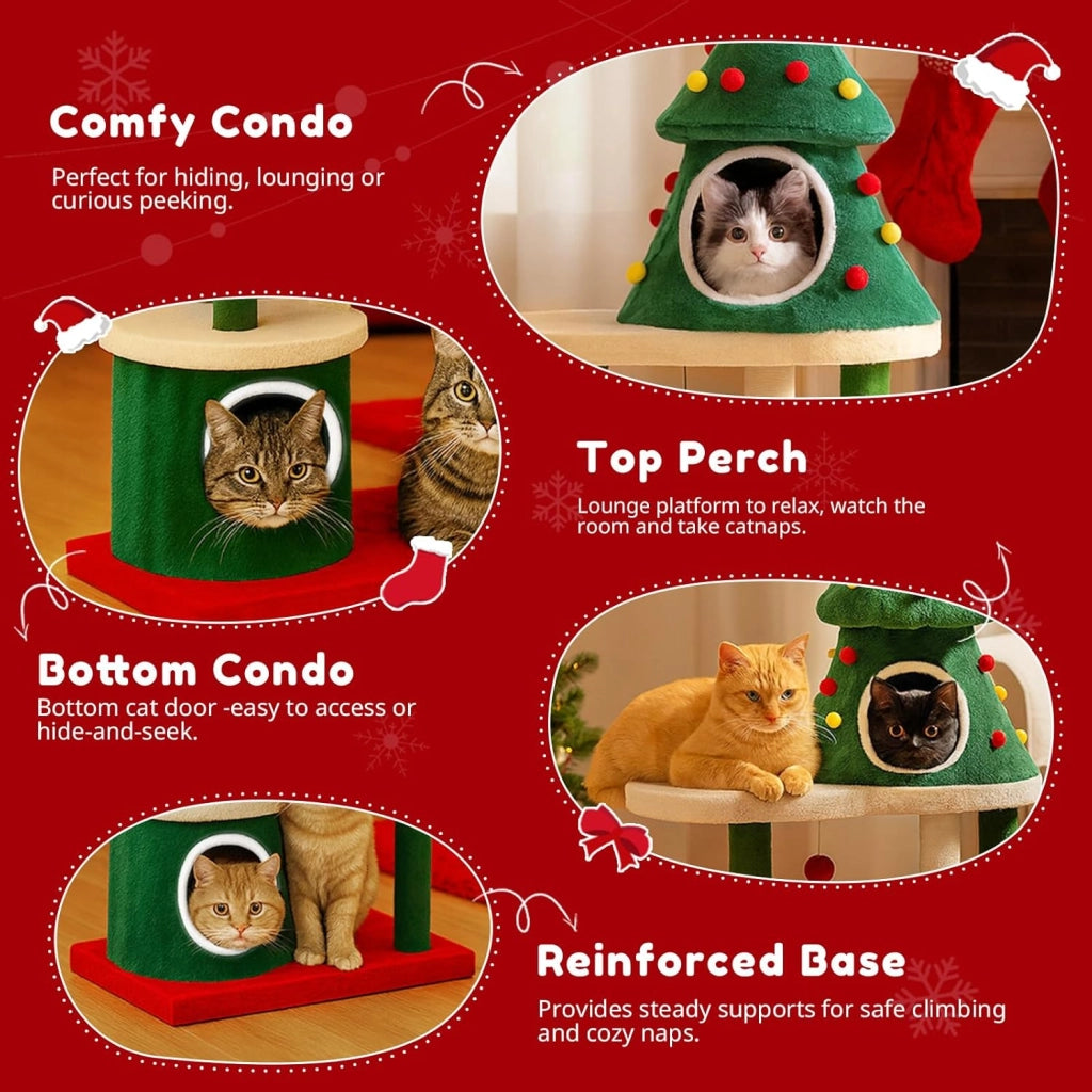 Albero Tiragraffi per Gatti in Stile Albero di Natale 123cm, Stabile Torre per Gatti con Colonne Tiragraffi, Casa per Gatti a Più Livelli con Piattaforme & Palla da Gioco, Mobili Tiragraffi