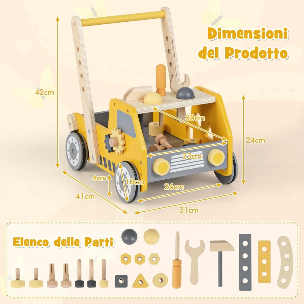 2-in-1 Primi Passi per Bambini con Altezza Regolabile, Girello in Legno con Banco da Lavoro, Carrello da Spinta con Giocattoli Montessori, Velocità Regolabile, Spazio di Archiviazione