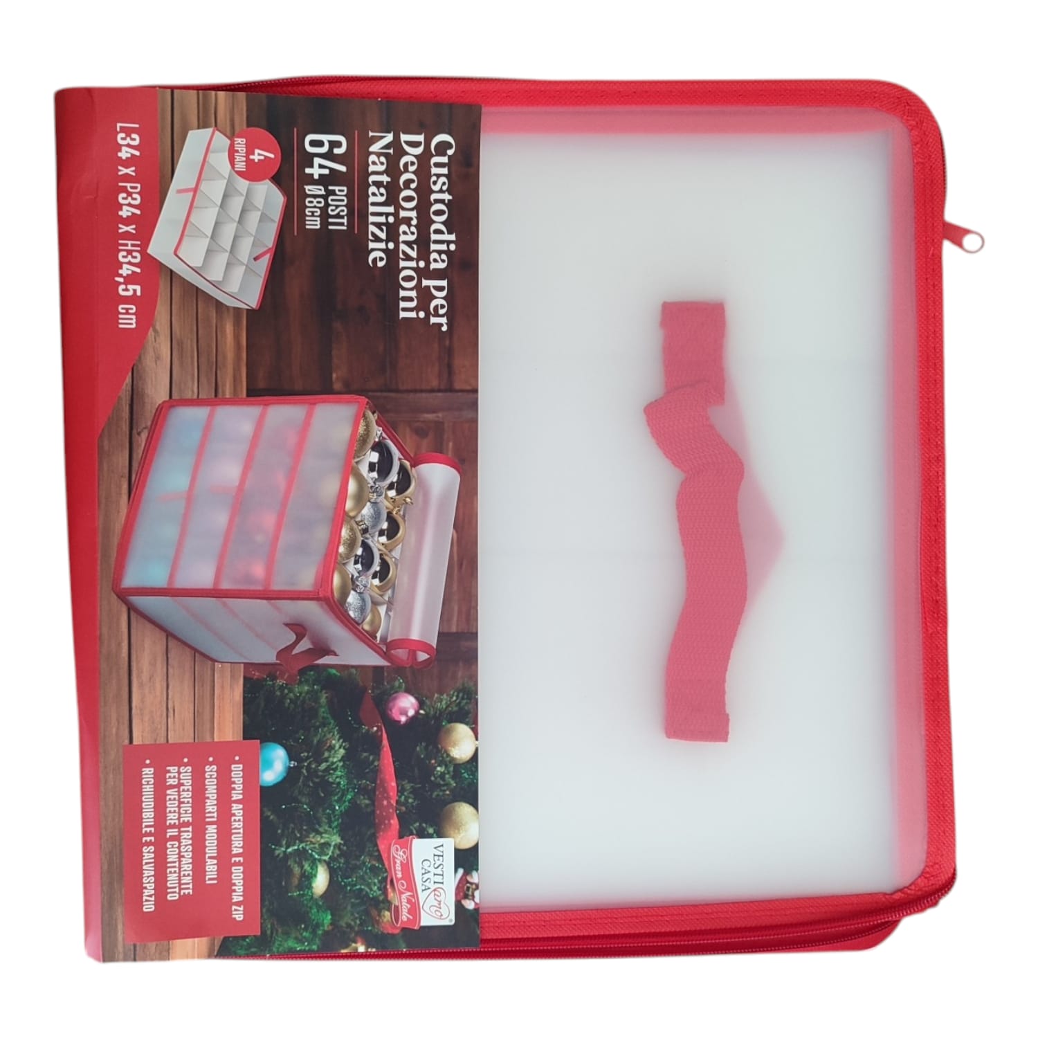 Custodia Porta Palle di Natale 64 Posti 34cm Rossa Salvaspazio Trasparente