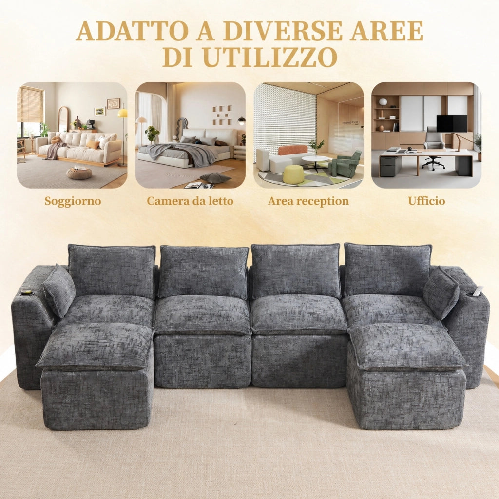 Divano modulare 4 posti con due pouf e portabicchieri; ciniglia; grigio scuro