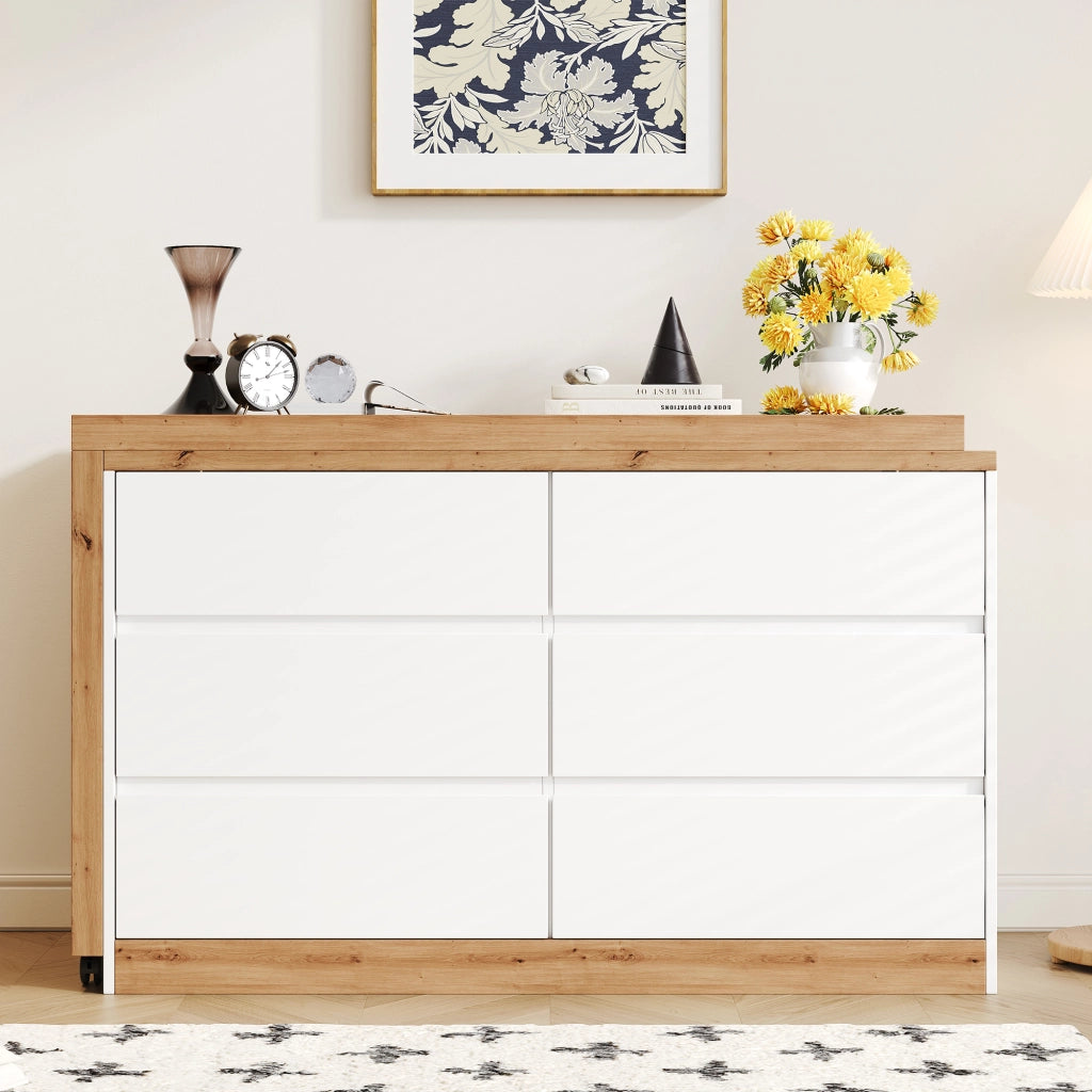 Scrivania girevole 2 in 1 con sideboard, 120 x 50 cm, 6 cassetti, bianco/effetto rovere, struttura in truciolare