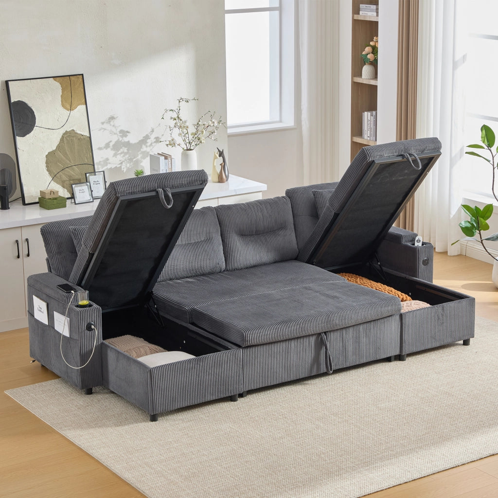Divano 4 posti con doppia chaise longue; contenitore; portabevande e USB-C grigio carbone