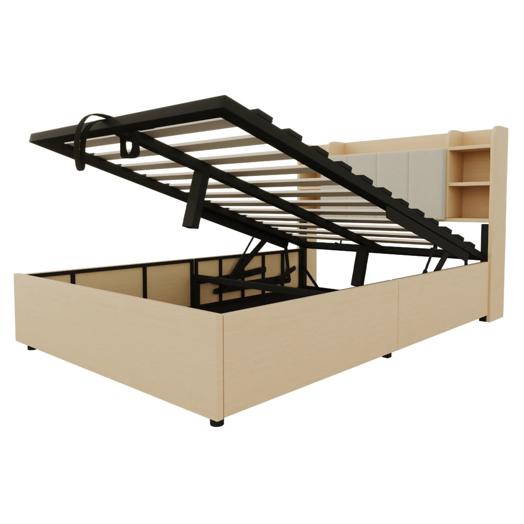 Letto con contenitore idraulico 140x200 cm in MDF; legno naturale; con testiera portaoggetti e USB