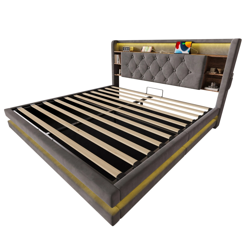 Letto imbottito 160x200 cm con contenitore, LED e USB, grigio scuro