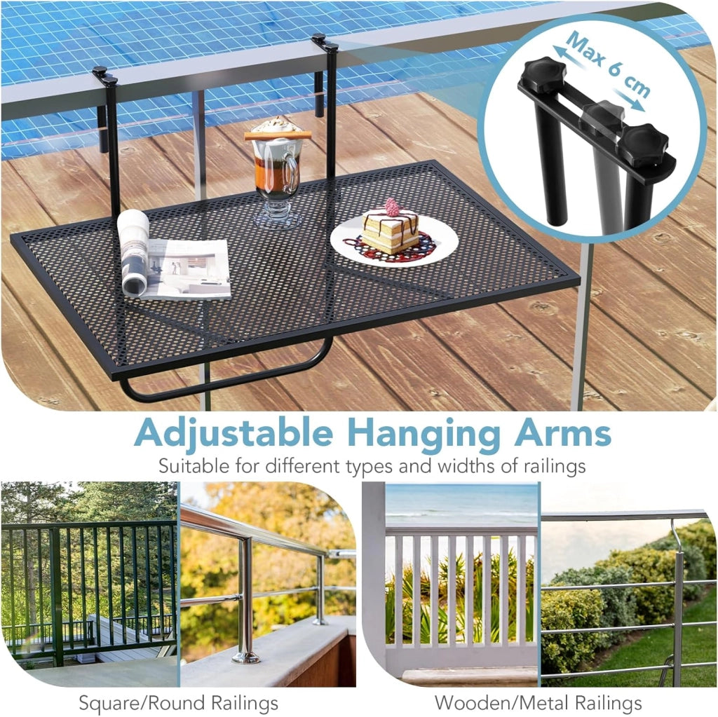 Tavolo da Balcone Appeso, Tavolo Pieghevole per Ringhiere fino a 6 cm di Spessore, Tavolino Salvaspazio per Ringhiere Esterne con Telaio in Metallo per Patio, Portico, Terrazza, Nero