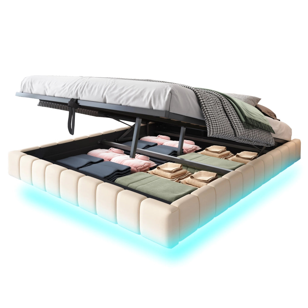 OKWISH Letto Contenitore 160×200 cm, Letto Matrimoniale con LED Regolabile e Vano Contenitore a Sollevamento, senza Materasso, Beige